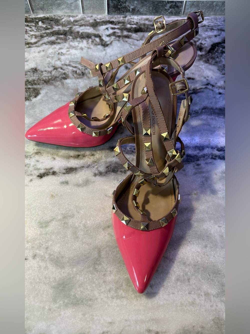 BCBGeneration Pink Patent Studded T‑Strap Heels - Picture 5 of 8
